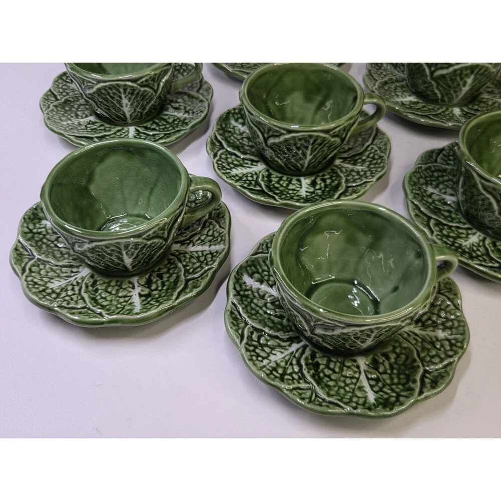 14 Piece Set Majolica Cabbage Espresso 7 Cups & 7 Saucers Ceramic Cabbageware